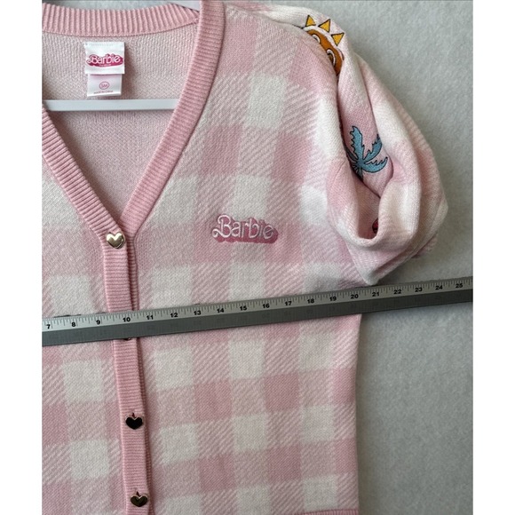 Hot Topic Barbie Pink Gingham Patch Cardigan M Preppy Retro Academia Nostalgia - Picture 7 of 8